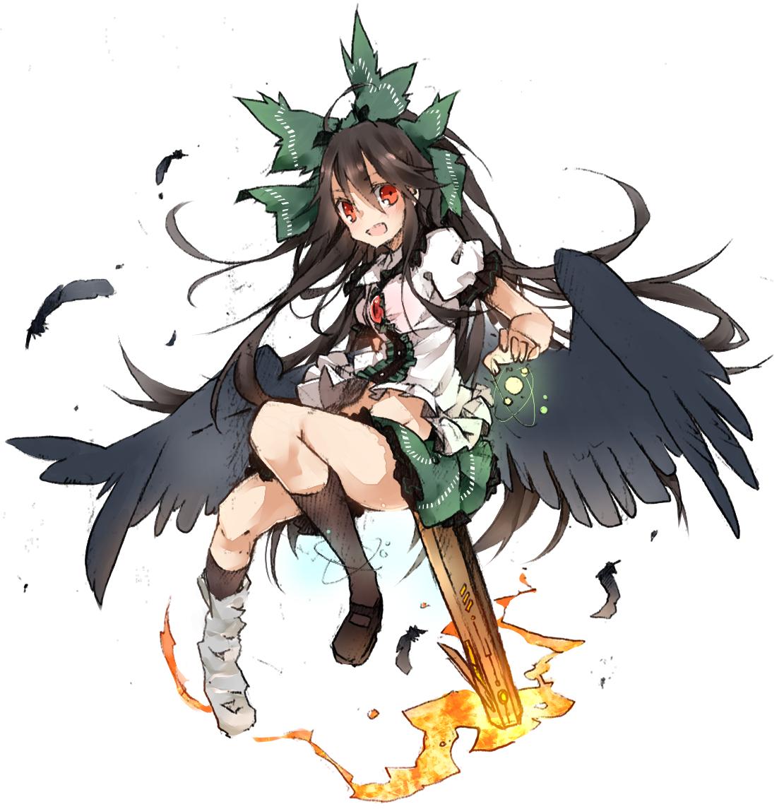 1girl :d arm_cannon bent_knees bird_wings black_hair black_wings blush bow cape frilled_skirt frilled_sleeves frills full_body green_bow green_skirt groin hair_bow long_hair looking_at_viewer miniskirt navel open_mouth puffy_short_sleeves puffy_sleeves red_eyes reiuji_utsuho short_sleeves skirt smile solo third_eye touhou toutenkou weapon white_blouse wind wind_lift wings