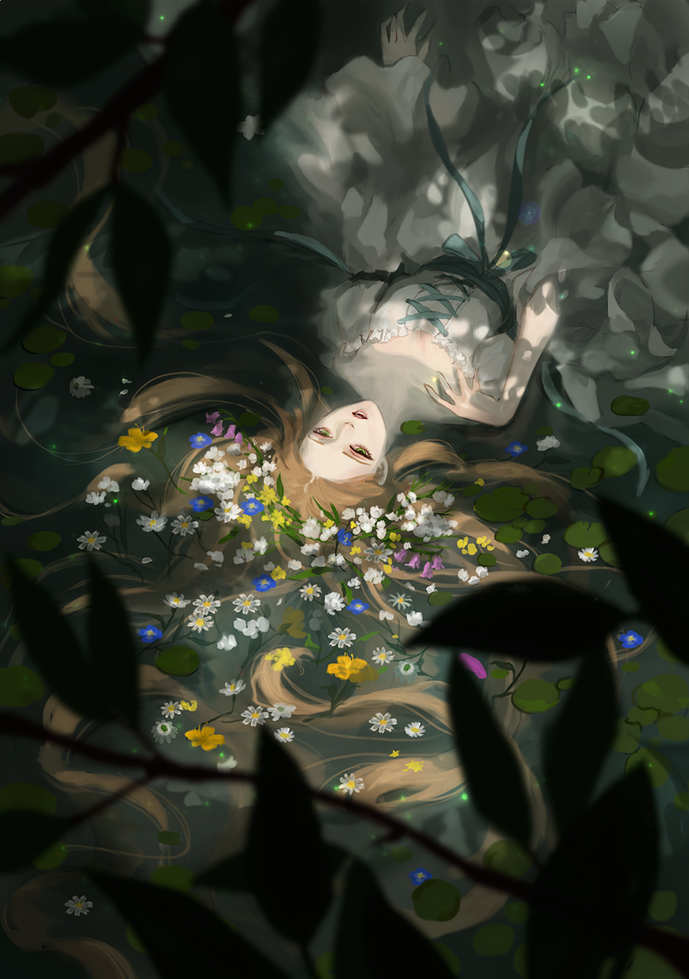 1girl afloat artist_request blurry brown_hair depth_of_field dress fine_art_parody floating flower from_above green_eyes green_ribbon highres lips mouth nature nose ophelia_(painting) outdoors parody partially_submerged petals ribbon solo traditional_media water