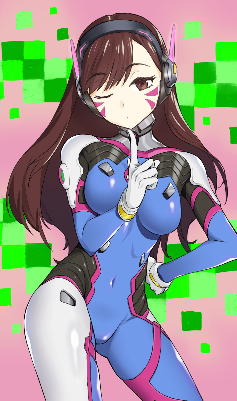 1girl armor bangs bodysuit breasts brown_eyes brown_hair contrapposto covered_navel d.va_(overwatch) facial_mark finger_to_chin gloves hand_on_hip hand_up headphones high_collar highres large_breasts long_hair looking_at_viewer one_eye_closed overwatch pilot_suit skin_tight solo swept_bangs whisker_markings white_gloves