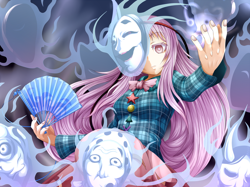 1girl bow bowtie bubble_skirt buttons expressionless fan folding_fan hannya hata_no_kokoro long_hair long_sleeves looking_at_viewer monkey_mask noh_mask ogawa_shou one_eye_covered pink_bow pink_bowtie pink_eyes pink_hair plaid plaid_shirt shirt skirt solo touhou upper_body