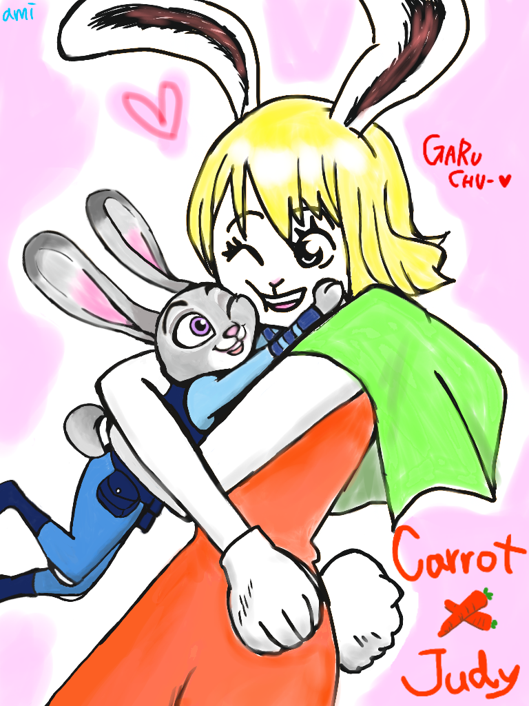 2girls animal_ears blonde_hair bunny_tail carrot carrot_(one_piece) crossover disney furry glomp heart hug judy_hopps multiple_girls one_eye_closed one_piece open_mouth police police_uniform policewoman rabbit rabbit_ears short_hair simple_background smile tail uniform zootopia