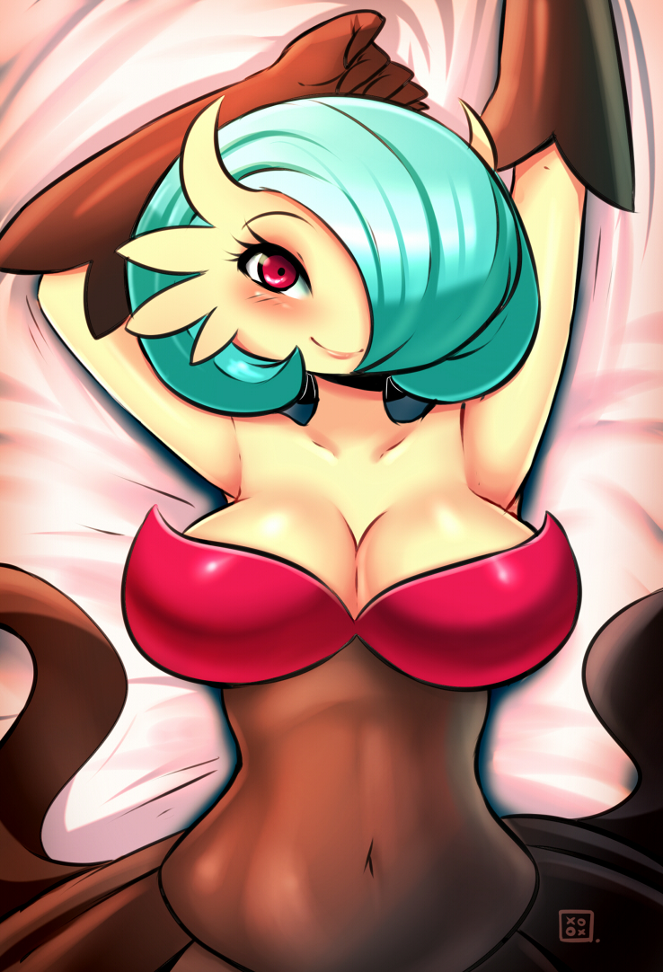 1girl alternate_color breasts cleavage covered_navel gardevoir green_hair kenron_toqueen looking_at_viewer lying mega_gardevoir mega_pokemon navel on_back pokemon pokemon_(creature) pokemon_(game) red_eyes shiny_pokemon solo stomach