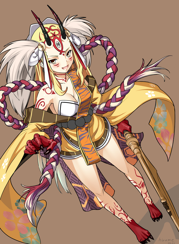 1girl :d arm_at_side bare_shoulders beads blonde_hair breasts brown_background claws cleavage facial_mark from_above full_body headdress hirame_sa holding holding_weapon horns ibaraki_douji_(fate/grand_order) japanese_clothes kimono long_hair long_sleeves looking_at_viewer multicolored_hair off_shoulder oni_horns open_mouth red_skin rope short_kimono side_ponytail silver_hair simple_background smile solo standing tassel tattoo two-tone_hair two_side_up very_long_hair weapon wide_sleeves