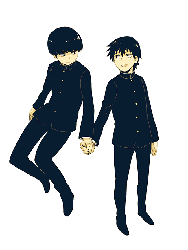 2boys :d arms_at_sides bangs black_hair black_pants black_shoes blunt_bangs bowl_cut brothers closed_mouth floating full_body gakuran hair_between_eyes holding_hands kageyama_ritsu kageyama_shigeo kakuu long_sleeves looking_at_another looking_to_the_side male_focus mob_psycho_100 multiple_boys open_mouth pants school_uniform shoes siblings simple_background smile standing white_background