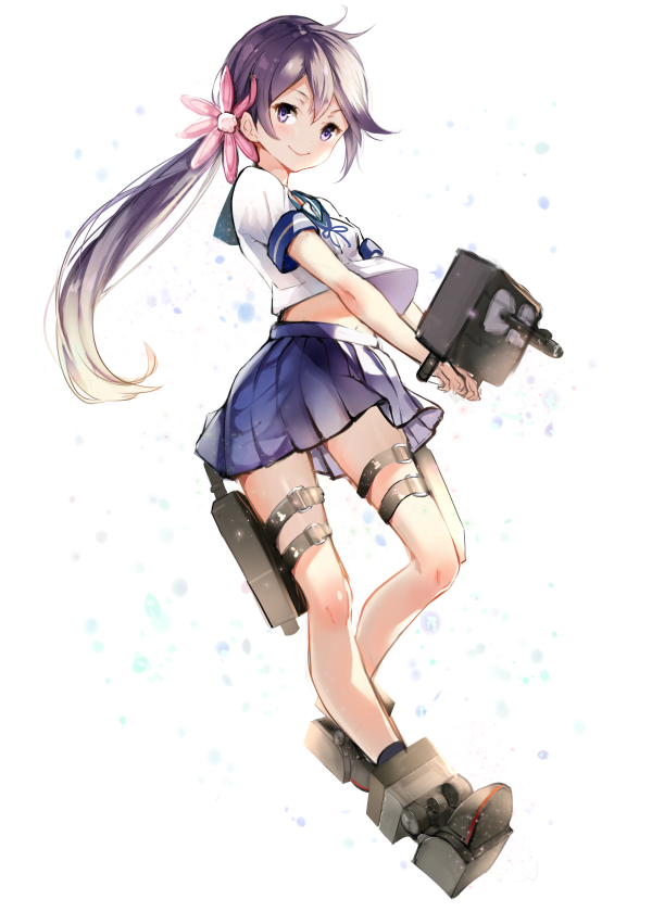 1girl akebono_(kantai_collection) bell cannon flower full_body hair_bell hair_flower hair_ornament kantai_collection long_hair machinery purple_hair school_uniform serafuku side_ponytail sketch smile sola_(solo0730) solo turret very_long_hair violet_eyes white_background