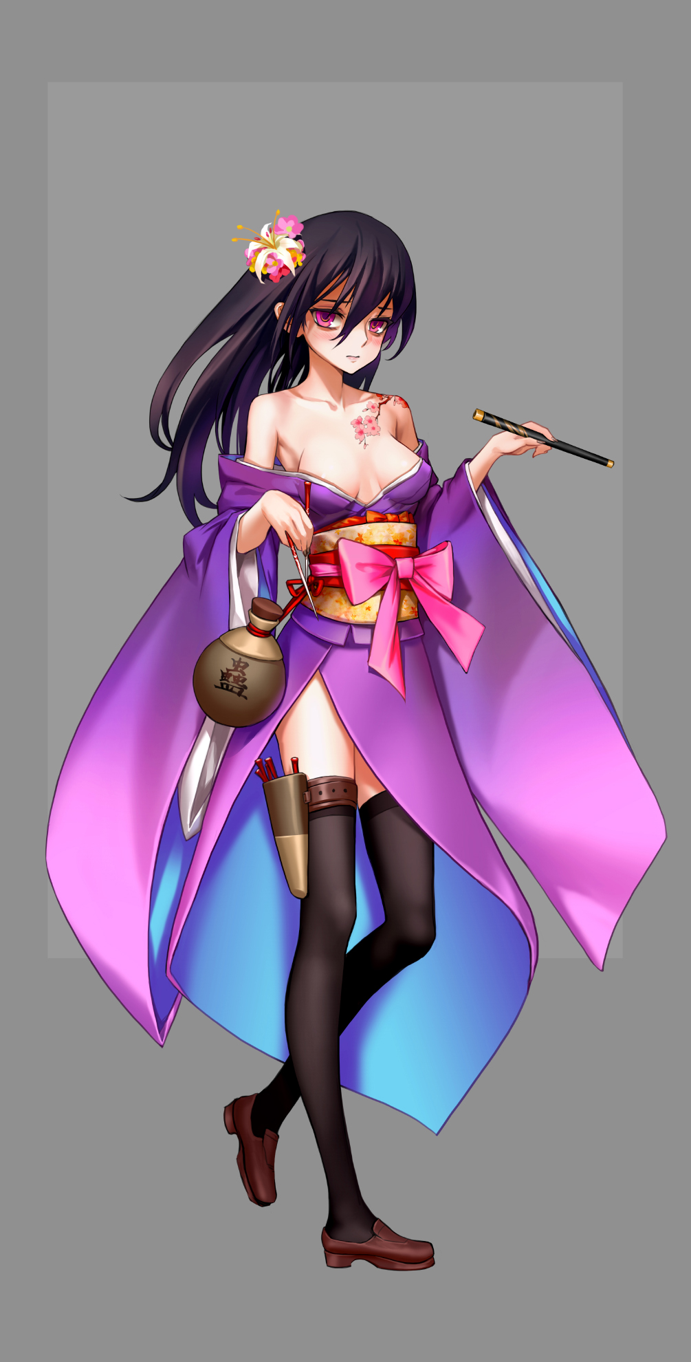 1girl as109 bare_shoulders black_hair black_legwear blowgun breasts cleavage dart flower gourd hair_flower hair_ornament highres holster japanese_clothes kimono loafers long_hair looking_at_viewer m.a.d_mafia_is_all_dead obi off_shoulder sash shoes side_slit simple_background solo tattoo thigh-highs thigh_holster violet_eyes wide_sleeves