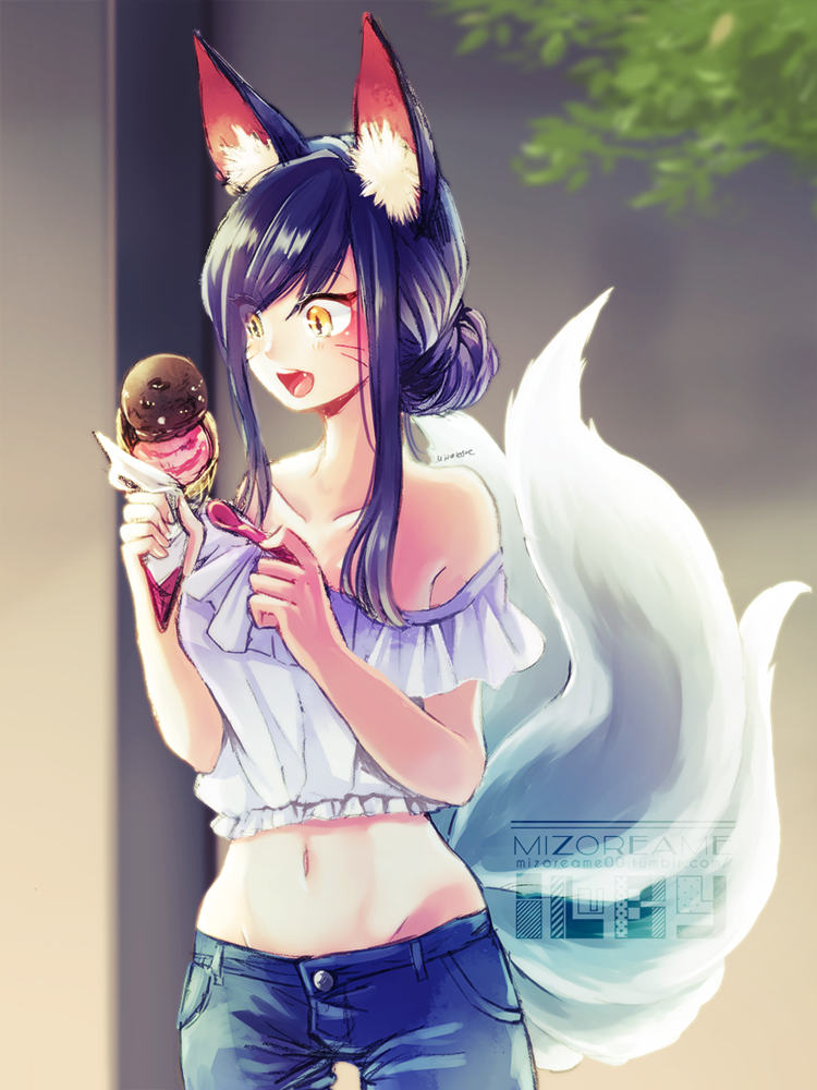 1girl ahri alternate_costume casual contemporary food ice_cream league_of_legends looking_down mizoreame open_mouth
