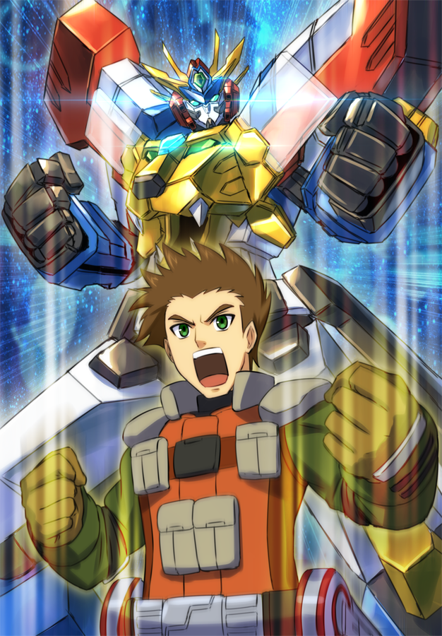 1boy blue_eyes brown_gloves brown_hair clenched_hands future_card_buddyfight gloves male_focus mecha open_mouth pouch shingo_(picturepuzzle) shiny shoulder_pads takihara_tsurugi upper_body