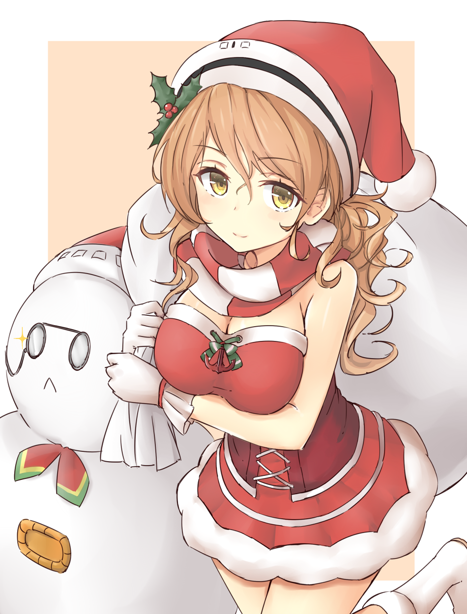 1girl azuhira bare_shoulders breasts corset dress fur_trim glasses gloves hat highres holly kantai_collection large_breasts light_brown_hair littorio_(kantai_collection) looking_at_viewer pince-nez ponytail red_dress roma_(kantai_collection) santa_costume santa_hat scarf smile snowman striped striped_scarf the_roma-like_snowman wavy_hair white_gloves