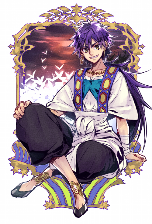 1boy looking_at_viewer magi_the_labyrinth_of_magic male_focus purple_hair sinbad_(magi) sitting smile yellow_eyes younger