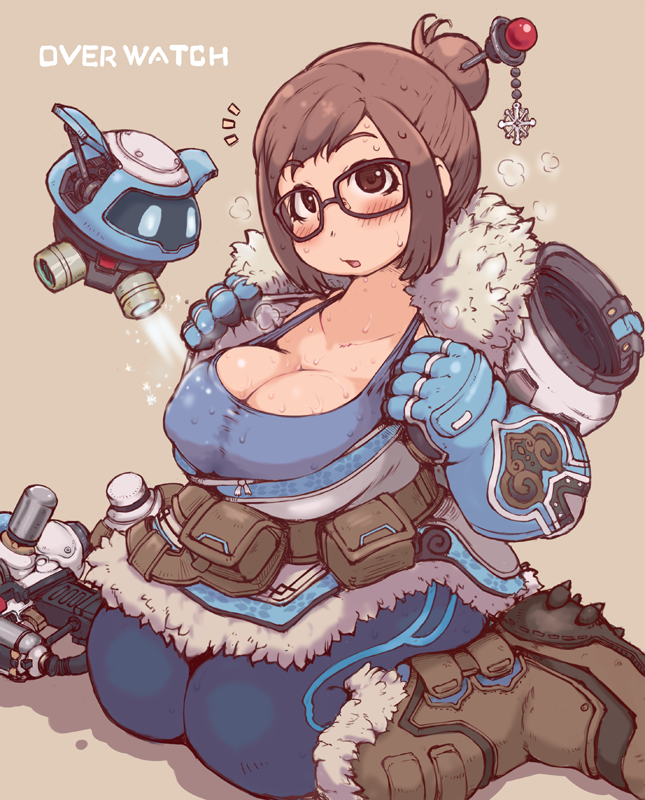 1girl belt belt_pouch black-framed_glasses blue_gloves boots breasts brown_background brown_eyes brown_hair canister canteen cleavage coat collarbone copyright_name dress drone floating fur_coat fur_trim glasses gloves gun hair_bun hair_ornament hairpin hose ibukichi large_breasts looking_at_viewer mei_(overwatch) open_mouth overwatch parka plump robot shoes short_hair simple_background sitting solo spiked_shoes spikes sweat sweatdrop tank_top utility_belt wariza weapon winter_clothes winter_coat