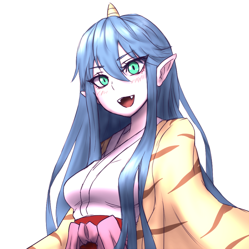 1girl aqua_eyes blue_hair blush bow breasts drill eyebrows eyebrows_visible_through_hair fangs hair_between_eyes hakama_skirt horn jacket japanese_clothes kimono long_hair looking_at_viewer miata_(pixiv) momotarou_densetsu open_clothes open_jacket pink_bow pink_skin pointy_ears red_skirt simple_background skirt solo teeth tiger_print upper_body very_long_hair white_background yasha yellow_jacket