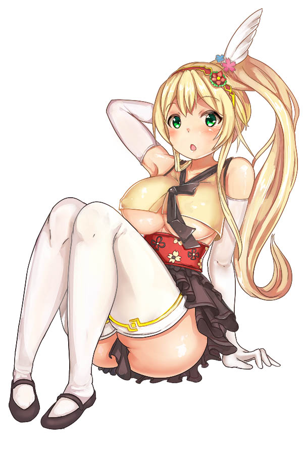 1girl :o arm_behind_head arm_support arm_up armpits bare_shoulders black_necktie black_skirt blonde_hair blush breasts crop_top crop_top_overhang elbow_gloves full_body gloves green_eyes hair_ornament hairband knees_up large_breasts lia_(soccer_spirits) long_hair narane necktie ponytail sidelocks sitting skirt soccer_spirits solo thigh-highs white_background white_gloves white_legwear