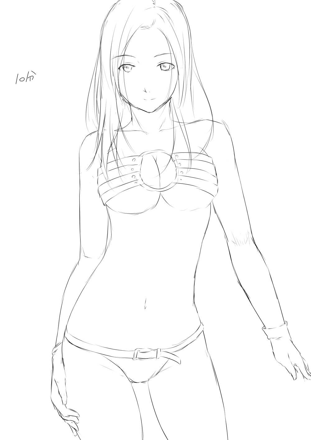 bangs belt chest_belt hand_on_hip highres looking_at_viewer monochrome niwatazumi original panties parted_bangs short_hair sketch smile underwear