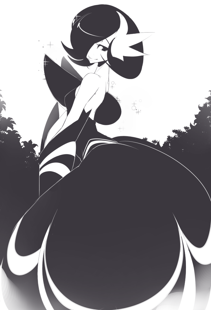 1girl black_hair breasts dress gardevoir mega_gardevoir monochrome open_eyes pokemon smile solo sparkle sticky_(stickysheep) tree