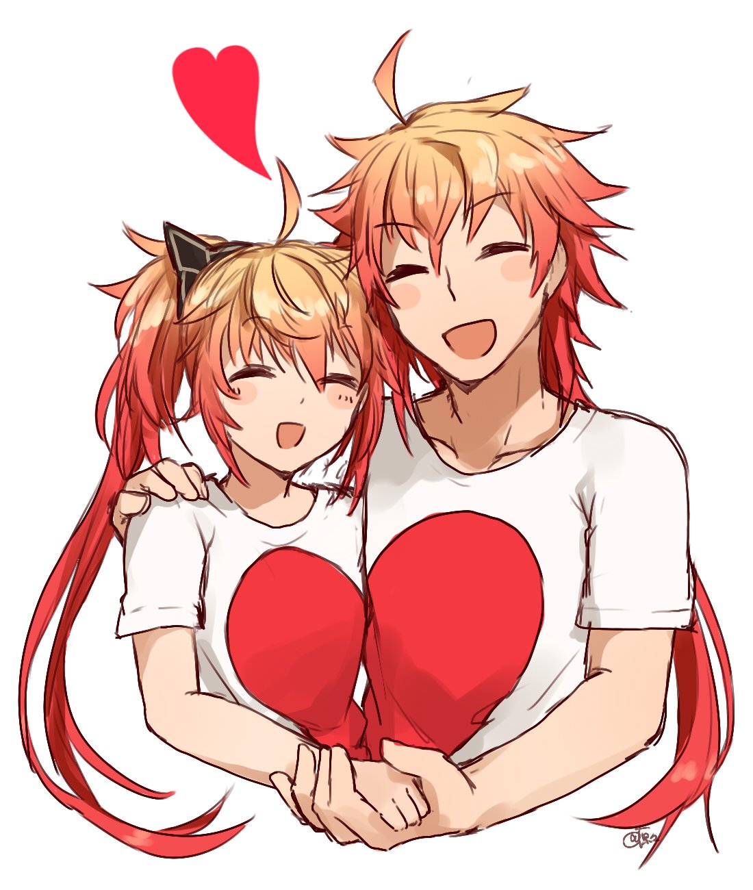 1boy 1girl blush_stickers fate/grand_order fate_(series) harahara_(harashi001) heart highres holding_hands husband_and_wife long_hair open_mouth rama_(fate/grand_order) redhead shirt sita_(fate/grand_order) sketch smile t-shirt twintails very_long_hair