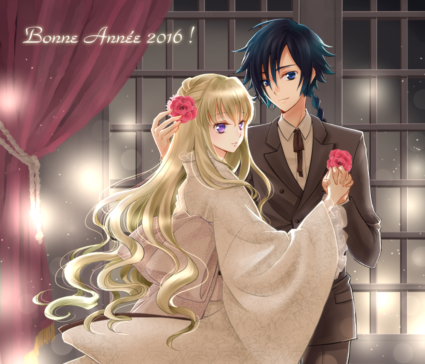 1boy 1girl 2016 alternate_costume blush code_geass code_geass:_boukoku_no_akito couple cowboy_shot curtains flower formal french hair_flower hair_ornament hand_on_another's_head happy_new_year holding_hands hyuuga_akito interlocked_fingers japanese_clothes kimono komaichi leila_(code_geass) long_sleeves looking_at_viewer new_year obi sash smile suit translated wide_sleeves window yukata