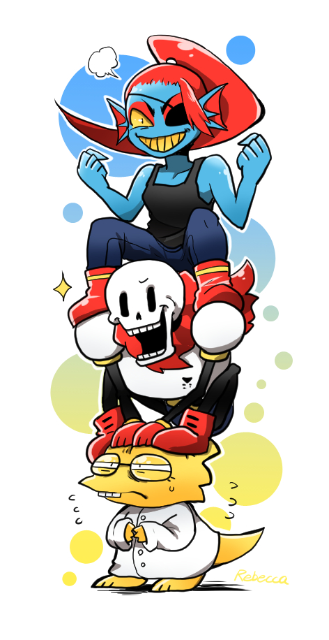 alphys eyepatch flying_sweatdrops glasses human_tower papyrus_(undertale) ponytail rebecca_(keinelove) redhead skeleton stacking undertale undyne yellow_sclera