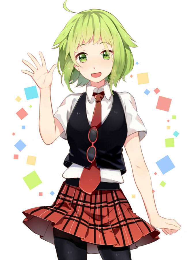 1girl :d ahoge arm_at_side bangs black_legwear black_vest collared_shirt cowboy_shot dress_shirt eyebrows eyebrows_visible_through_hair glasses glasses_removed green_eyes green_hair gumi hair_between_eyes hand_up jiman legs_apart looking_at_viewer miniskirt necktie open_mouth palms pantyhose plaid plaid_skirt pleated_skirt red-framed_glasses red_necktie school_uniform setsuna_trip_(vocaloid) shirt short_hair short_sleeves skirt smile solo square vocaloid white_background white_shirt