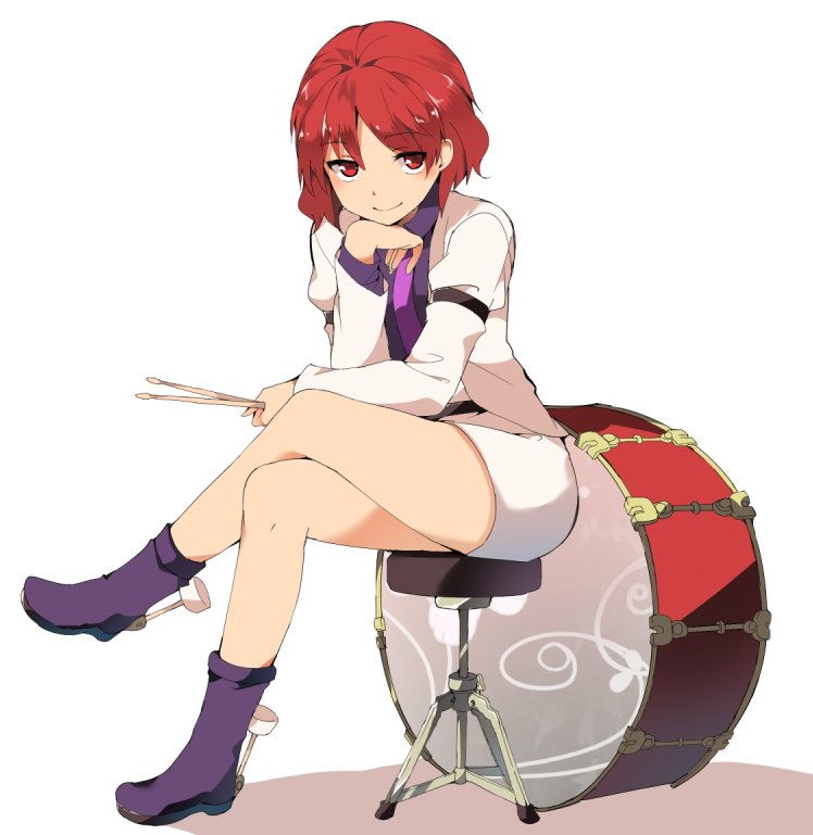 1girl boots crossed_legs drum drumsticks full_body hasebe_yuusaku horikawa_raiko instrument jacket long_sleeves looking_at_viewer necktie puffy_sleeves red_eyes redhead shirt short_hair simple_background sitting skirt smile solo touhou white_background