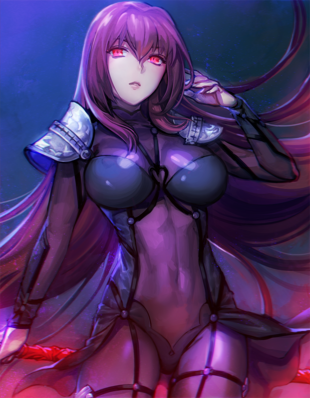 1girl bodysuit breasts covered_navel fate/grand_order fate_(series) gae_bolg highres holding holding_weapon long_hair pauldrons polearm purple_hair red_eyes scathach_(fate/grand_order) solo spear weapon yurizuka_(sergeant_heart)