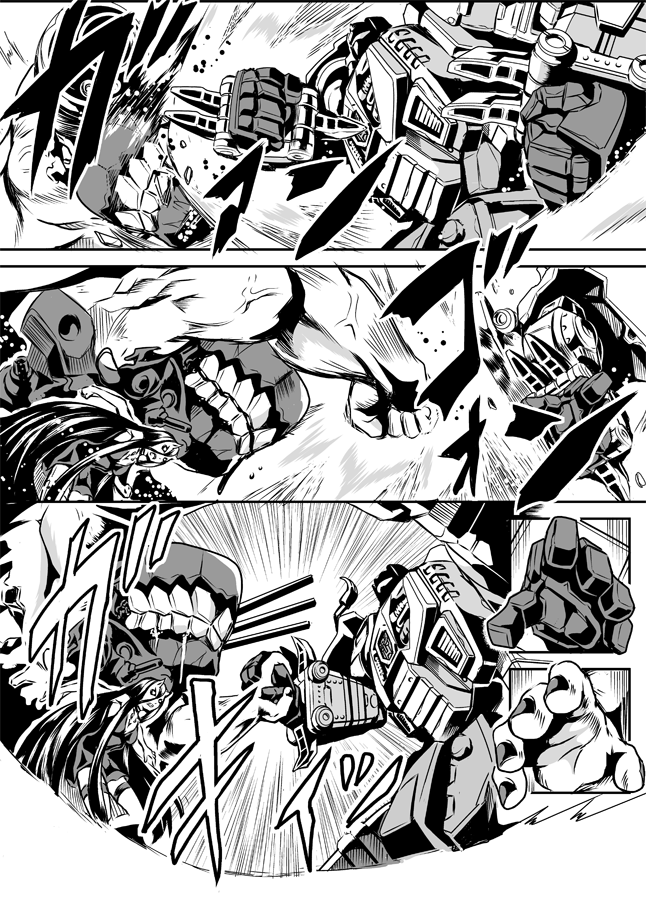 1boy 1girl autobot battle battleship_hime comic crossover fighting_stance grimlock kamizono_(spookyhouse) kantai_collection long_hair machine machinery mecha monochrome open_mouth robot science_fiction transformers turret weapon
