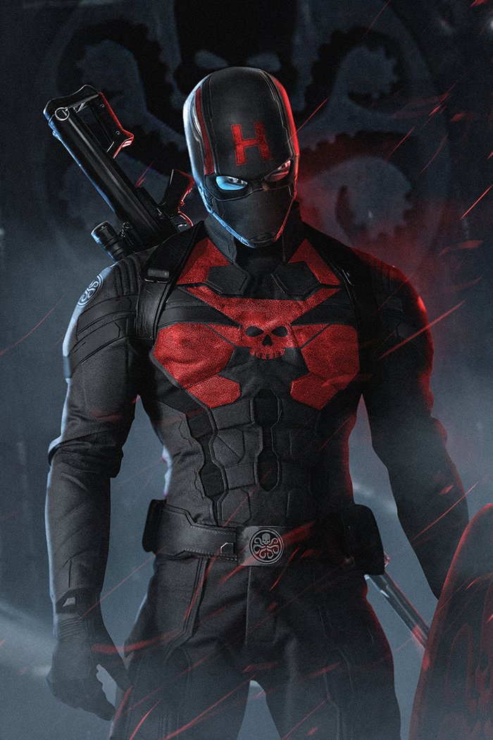 1boy alternate_costume armor black_gloves captain_america captain_hydra_(hydra) covered_face covered_mouth cowboy_shot crossover dark_persona evil gloves gun helmet holding_shield hydra male_focus marvel realistic shield solo standing weapon weapon_on_back