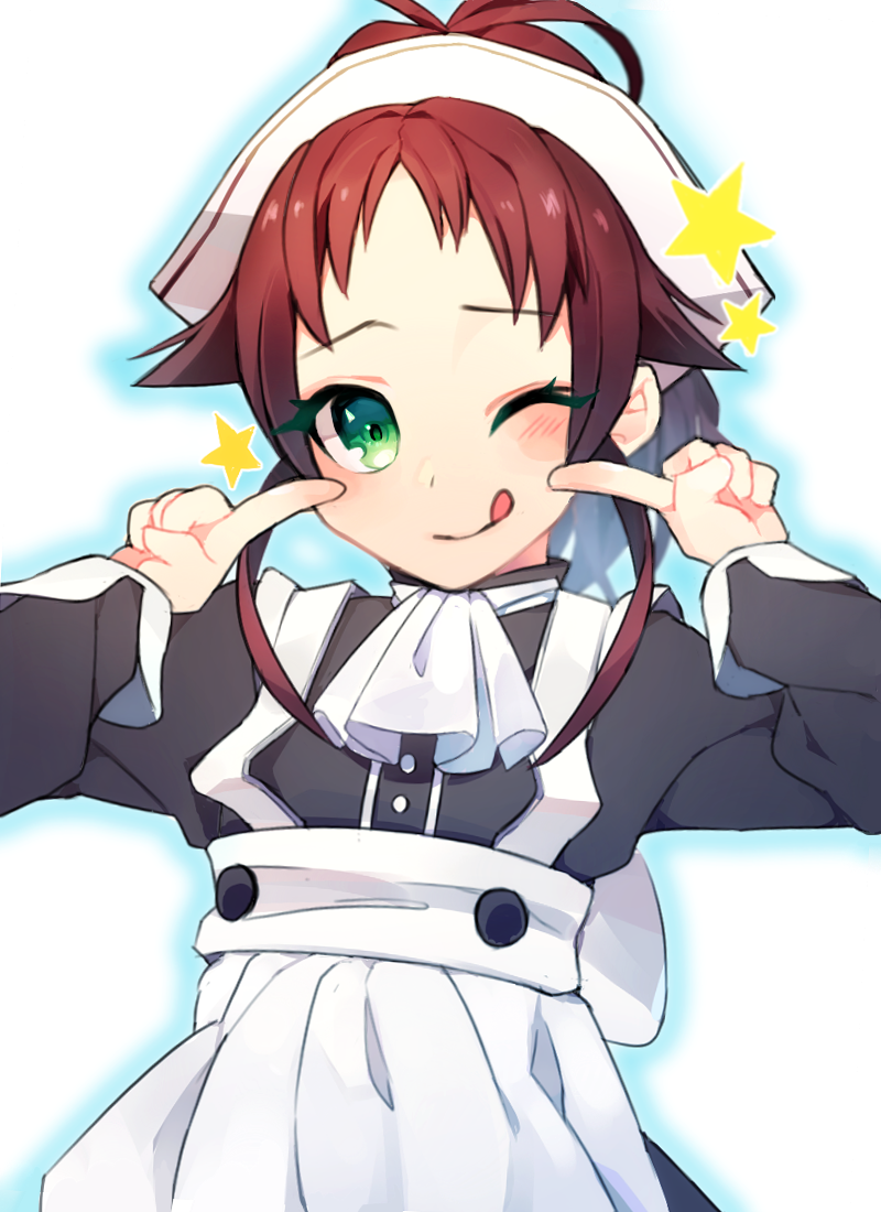 1girl aisha_greyrat apron ascot blush green_eyes headband looking_at_viewer maid maid_apron maid_headdress mushoku_tensei pointing pointing_at_self redhead rotten_tofu smile solo star tongue tongue_out upper_body white_background