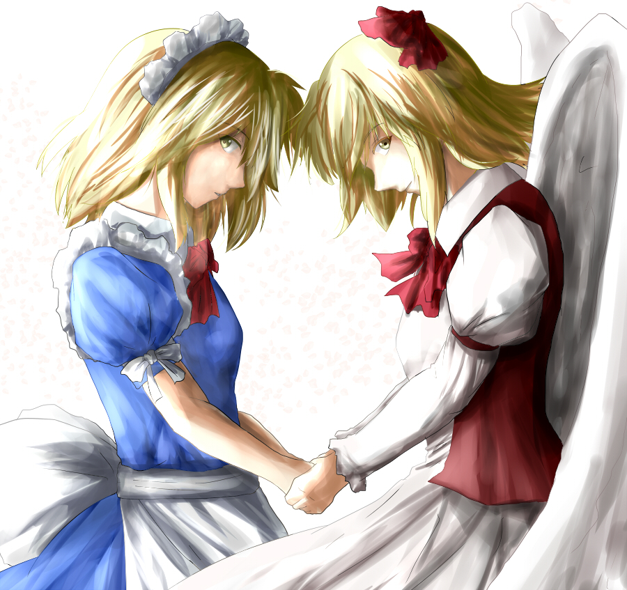 2girls angel_wings ao-shiba blonde_hair bow gengetsu hair_bow headdress maid maid_headdress mugetsu multiple_girls siblings sisters symmetrical_pose touhou touhou_(pc-98) wings yellow_eyes