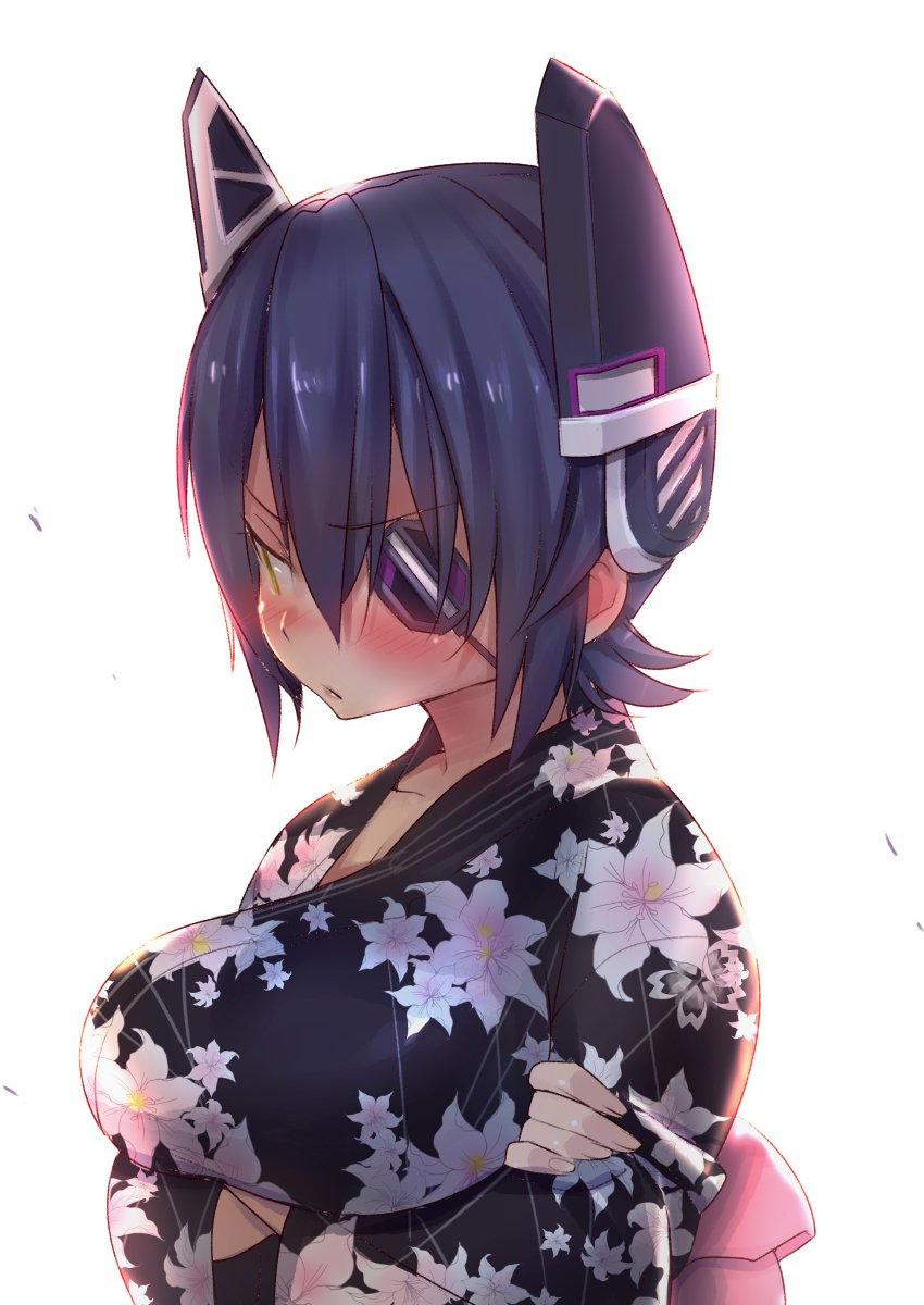 1girl blush breast_hold breasts collarbone crossed_arms eyepatch floral_print hair_between_eyes headgear highres japanese_clothes kantai_collection kimono large_breasts long_sleeves looking_away looking_to_the_side one_eye_covered purple_hair short_hair simple_background solo tenryuu_(kantai_collection) try upper_body white_background yellow_eyes