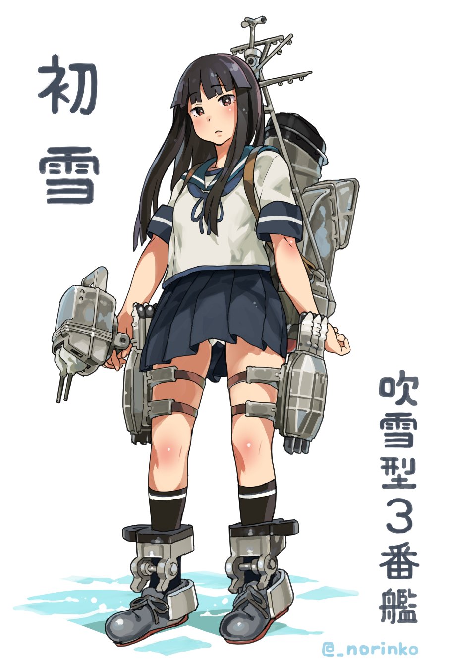 1girl black_eyes black_hair black_legwear blush character_name hatsuyuki_(kantai_collection) highres hime_cut kantai_collection kneehighs long_hair looking_at_viewer norinco panties pleated_skirt school_uniform serafuku skirt solo thigh_strap torpedo turret twitter_username underwear white_panties