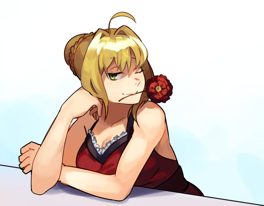 1girl ahoge bangs bare_arms bare_shoulders blonde_hair blue_background braid breasts cleavage closed_mouth dress fate/grand_order fate_(series) flower hair_bun hair_intakes idk-kun large_breasts looking_at_viewer mouth_hold nero_claudius_(fate) nero_claudius_(fate)_(all) one_eye_closed red_dress red_eyes red_flower red_rose rose short_hair smile solo