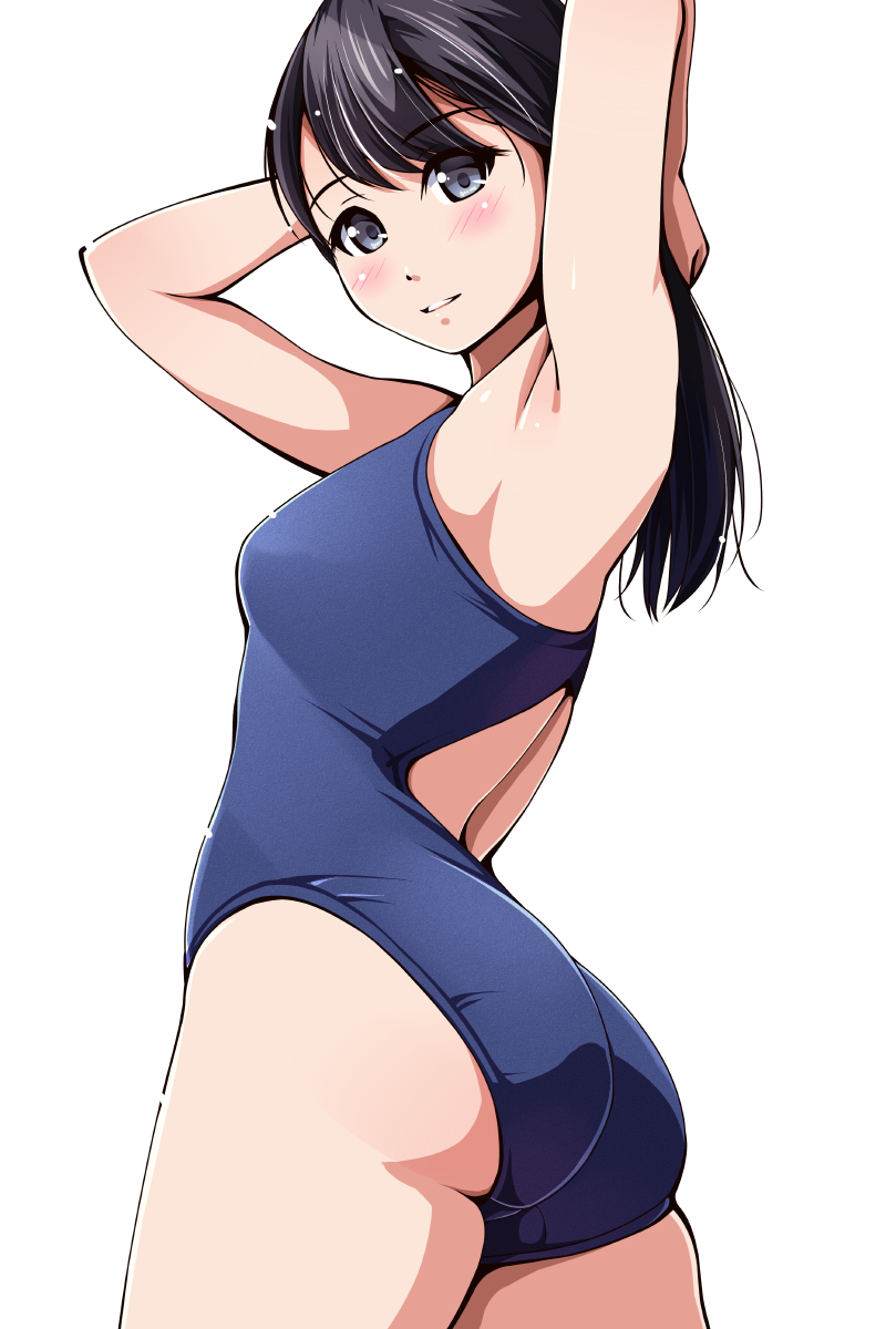 1girl armpits arms_behind_head arms_up ass bare_arms bare_shoulders black_hair blue_swimsuit competition_swimsuit cowboy_shot eyebrows eyebrows_visible_through_hair from_behind grey_eyes highres light_smile long_hair looking_at_viewer looking_back matsunaga_kouyou one-piece_swimsuit original parted_lips shiny shiny_skin simple_background solo standing swimsuit teeth thighs white_background