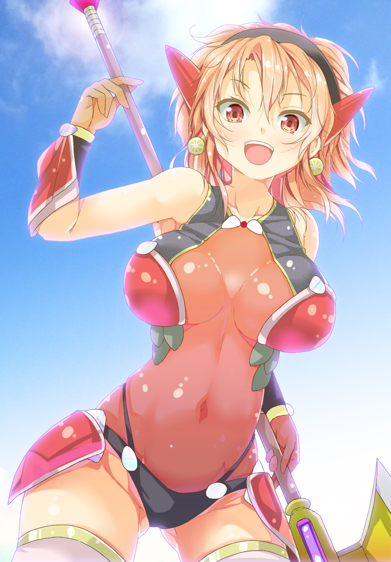 1girl :d armor ass_visible_through_thighs bangs bikini_armor black_panties blue_sky blush breasts brown_hair cafe-chan_to_break_time clouds collarbone cowboy_shot dutch_angle earrings eyebrows eyebrows_visible_through_hair faulds food food_themed_earrings fruit hair_between_eyes hairband hand_up headgear holding holding_weapon jewelry lemon lemon_slice leotard light_particles looking_at_viewer open_mouth panties polearm porurin_(do-desho) red_eyes sky sleeveless smile solo tea_(cafe-chan_to_break_time) thigh-highs underwear weapon white_legwear