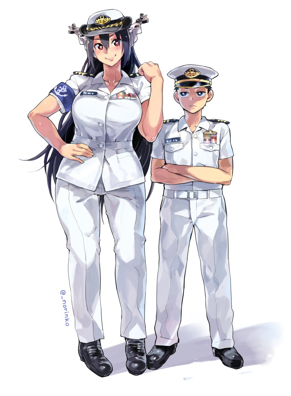 1boy 1girl admiral_(kantai_collection) alternate_costume belt black_eyes black_hair blush brown_eyes crossed_arms hand_on_hip hat highres kantai_collection long_hair looking_at_another military military_hat military_uniform nagato_(kantai_collection) norinco smile twitter_username uniform