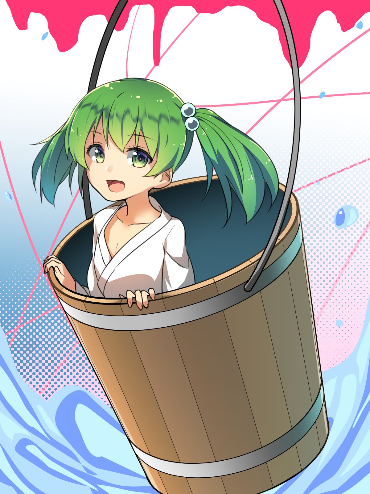 1girl bucket collarbone flat_chest green_eyes green_hair hair_bobbles hair_ornament halftone halftone_background highres in_bucket in_container japanese_clothes kimono kisume long_hair long_sleeves looking_at_viewer ninnzinn short_hair solo splashing tareme touhou water wooden_bucket
