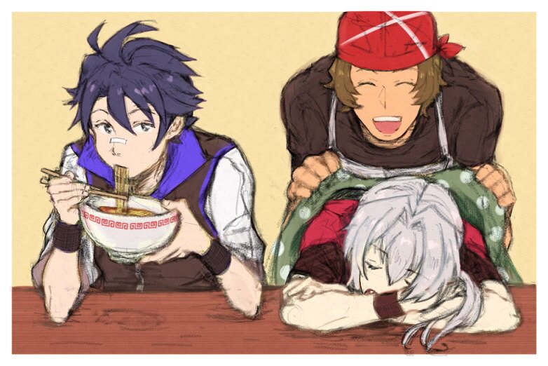 3boys bandaid bandaid_on_nose bandana blanket blue_hair brown_hair closed_eyes eating enjouji_michiru food idolmaster idolmaster_side-m kizaki_ren male_focus multiple_boys noodles ramen silver_hair sketch sleeping slurping taiga_takeru tan_skin the_kogado