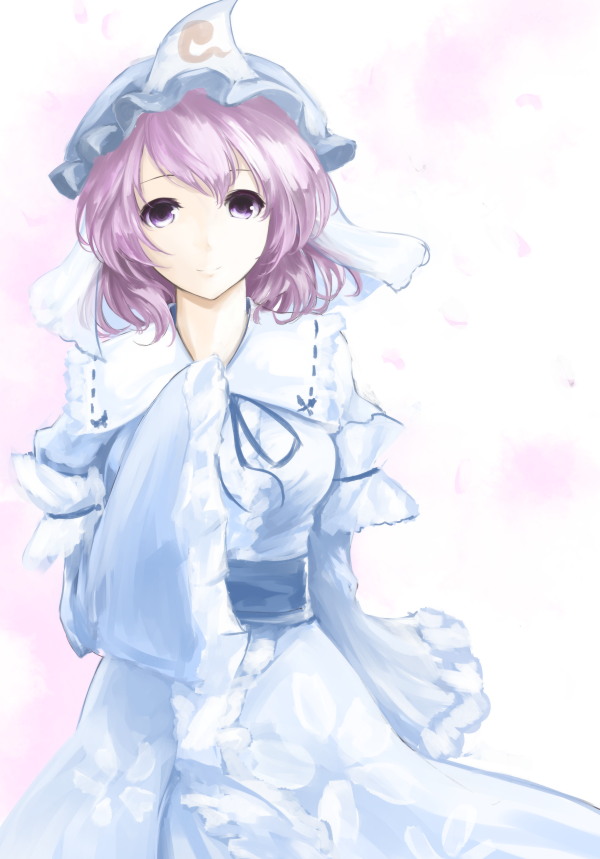 1girl arm_garter expressionless gradient gradient_background hand_on_own_chest hands_in_sleeves hat japanese_clothes kimono kz_nagomiya lavender_eyes lavender_hair looking_at_viewer mob_cap obi petals saigyouji_yuyuko sash short_hair solo touhou triangular_headpiece