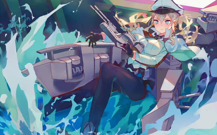 1girl anchor black_gloves blonde_hair blue_eyes cannon capelet gloves graf_zeppelin_(kantai_collection) hat kantai_collection mecha_musume military military_uniform moyuvvx pantyhose peaked_cap pleated_skirt shirt skirt twintails uniform water white_hat white_shirt