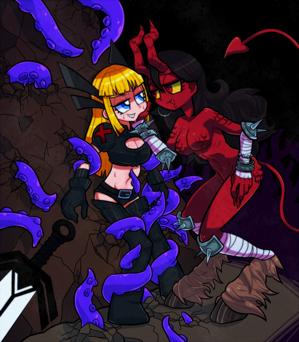 awabuta bandages black_hair blonde_hair blue_eyes boots bound bound_arms bound_legs breasts cleavage cleavage_cutout darkchylde demon_girl demon_horns demon_tail dual_persona gauntlets grin hair_ornament highres horns illyana_rasputina long_hair magik marvel midriff navel open_mouth red_eyes short_shorts shorts sidelocks smile spikes sweat sword tail tentacles thigh-highs thigh_boots weapon x-men yellow_sclera zettai_ryouiki
