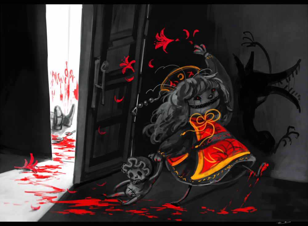 1girl arm_up blood blood_writing bloody_feet bloody_hands chinese_clothes corpse doll dragging dying_message fangs flower junko_(touhou) koto_inari lily_(flower) long_hair monochrome ominous_shadow open_door red_eyes sash spot_color tabard touhou walking