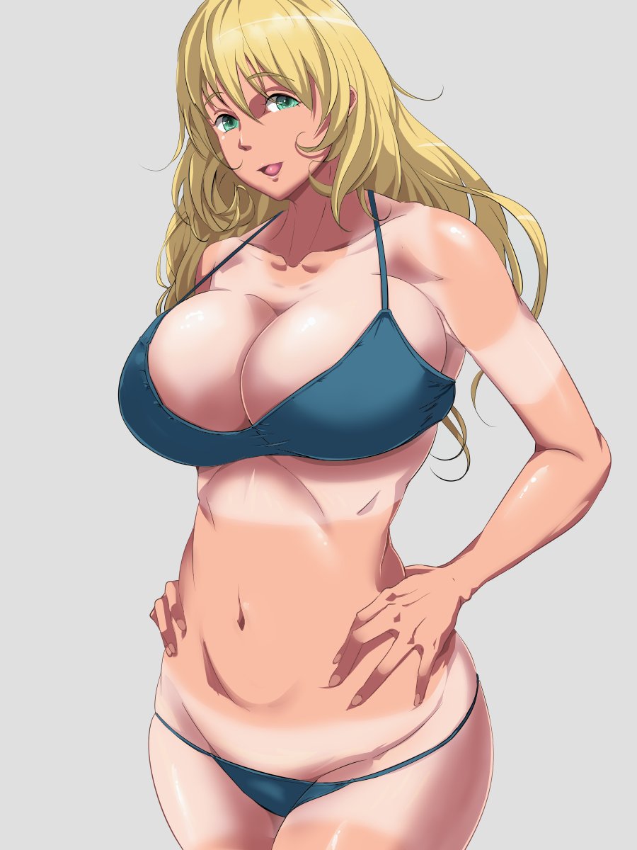 1girl :d atago_(kantai_collection) blonde_hair breasts collarbone green_eyes hands_on_hips highres huge_breasts kantai_collection navel open_mouth simple_background smile solo tan tanline thick_thighs thighs tsubooi wide_hips