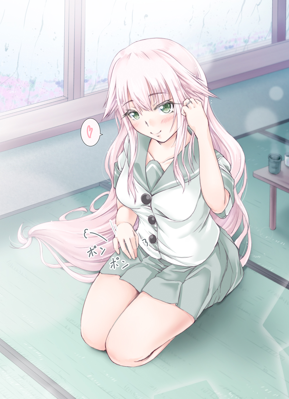 1girl arm_up blush breasts buttons closed_mouth collarbone cup eyebrows eyebrows_visible_through_hair full_body glass green_eyes green_skirt hand_in_hair heart highres indoors jewelry kantai_collection large_breasts long_hair looking_at_viewer motion_lines patting_lap pink_hair pleated_skirt rain ring seiza sitting skirt smile solo speech_bubble spoken_heart steam table tatami thighs tsukineko very_long_hair water water_drop wedding_band window yura_(kantai_collection)