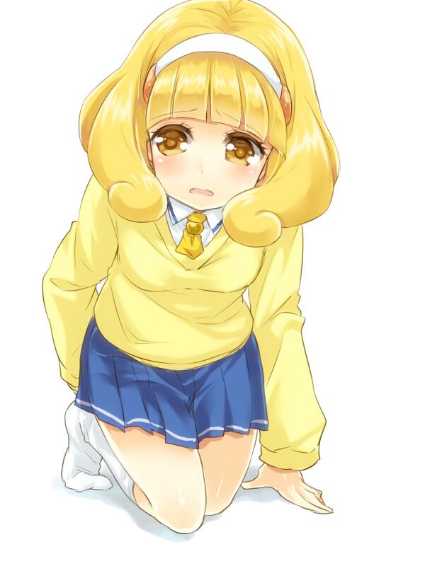 1girl arm_support blonde_hair hairband jpeg_artifacts kise_yayoi kneehighs kneeling maruki_(punchiki) no_shoes open_mouth precure school_uniform simple_background skirt smile_precure! solo sweater wavy_mouth white_background white_legwear yellow_eyes