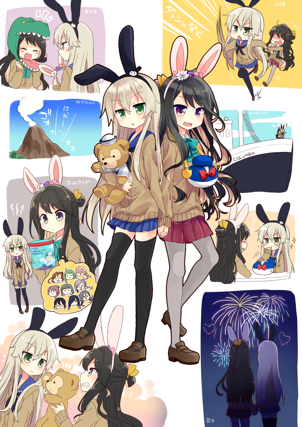 &gt;:&lt; &gt;:i &gt;_&lt; 2girls :d :i :o ^_^ aerial_fireworks ahoge akigumo_(kantai_collection) alternate_costume alternate_footwear animal_ears asashimo_(kantai_collection) black_hair black_legwear blonde_hair blue_hair blue_skirt blush boat bow bowtie braid brown_hair brown_shoes cardigan closed_eyes commentary_request eating fake_animal_ears fang fireworks glasses green_eyes green_hair grey_hair grey_legwear hair_between_eyes hair_ribbon hairband hayashimo_(kantai_collection) heart highres holding_hand holding_hands interlocked_fingers kantai_collection kazagumo_(kantai_collection) kiyoshimo_(kantai_collection) loafers long_hair long_sleeves looking_at_viewer low_twintails makigumo_(kantai_collection) miniskirt multicolored_hair multiple_girls naganami_(kantai_collection) nagasioo okinami_(kantai_collection) open_mouth pantyhose pink_hair ponytail rabbit_ears ribbon running school_uniform serafuku shimakaze_(kantai_collection) shoes short_hair single_braid skirt smile smoke sparkle stuffed_animal stuffed_toy takanami_(kantai_collection) teddy_bear teeth thigh-highs thought_bubble translation_request triangle_mouth twintails volcano watercraft yuugumo_(kantai_collection) zettai_ryouiki