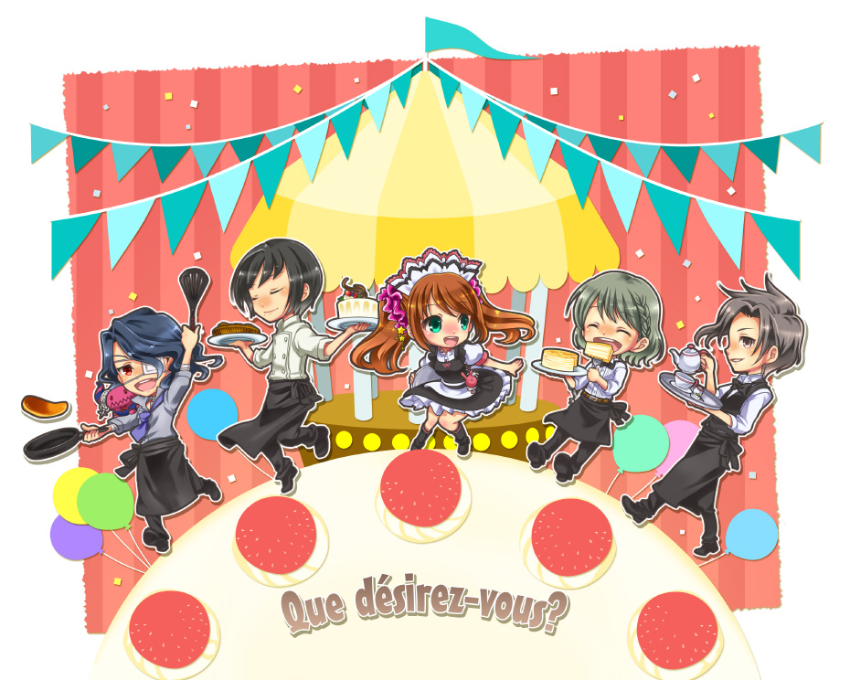 5boys apron asselin_bb_ii balloon cafe_parade cake chef chef_uniform chibi cup food french frying_pan idolmaster idolmaster_side-m kamiya_yukihiro maid_apron maid_headdress male_focus mizushima_saki multiple_boys pancake satan_(idolmaster) shinonome_souichirou teacup teapot uzuki_makio waiter waitress