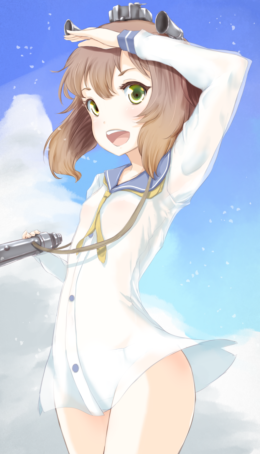 1girl :d binoculars blue_sky blush brown_hair buttons collarbone cowboy_shot day green_eyes hand_on_forehead headgear highres kantai_collection legs_together long_sleeves looking_at_viewer neckerchief no_pants open_mouth panties r0g0b0 round_teeth school_uniform see-through serafuku shirt short_hair sky small_breasts smile solo standing tareme teeth thighs underwear wet wet_clothes wet_shirt white_panties yukikaze_(kantai_collection)