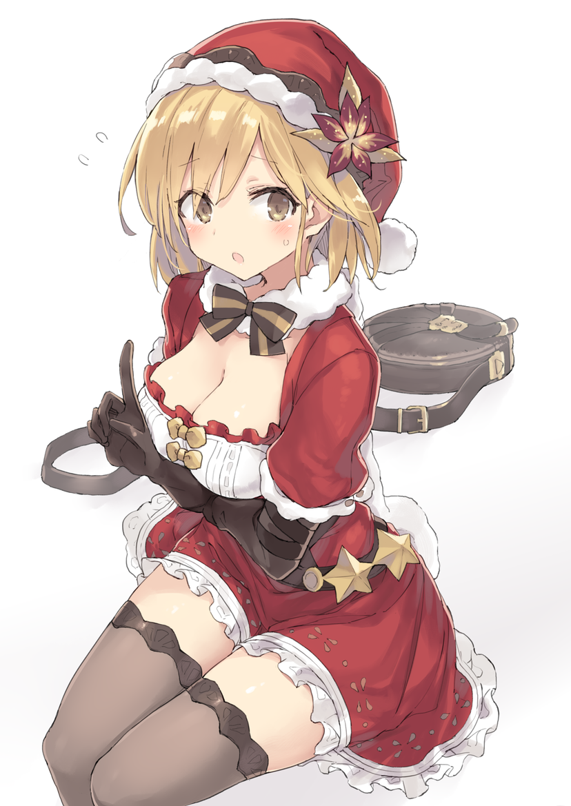 1girl :o a_(nanananaaannaa) bag bangs belt black_legwear blonde_hair blush bow bowtie breasts brown_bow brown_bowtie brown_eyes cleavage djeeta_(granblue_fantasy) dress eyebrows_visible_through_hair flower flying_sweatdrops frilled_dress frills fur_collar fur_trim granblue_fantasy hand_up hat large_breasts legs_together looking_at_viewer open_mouth poinsettia pointing pointing_up red_dress santa_costume santa_hat simple_background sitting solo star striped striped_bow striped_bowtie sweatdrop thigh-highs thighs white_background zettai_ryouiki