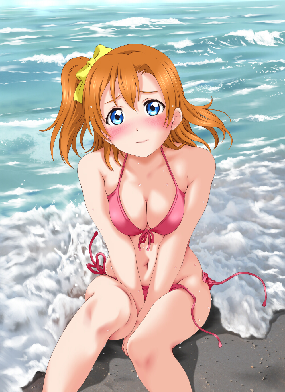 1girl 3: bangs beach between_legs bikini blue_eyes bow breast_squeeze breasts cleavage closed_mouth collarbone covering covering_crotch dripping embarrassed front-tie_bikini front-tie_top hair_between_eyes hair_bow hand_between_legs highres keisuke_(0320030103200301) kousaka_honoka looking_at_viewer love_live!_school_idol_project motion_blur navel ocean on_ground one_side_up orange_hair outdoors pink_bikini sand shade side-tie_bikini sitting solo stomach swimsuit untied untied_bikini waves wet yellow_bow
