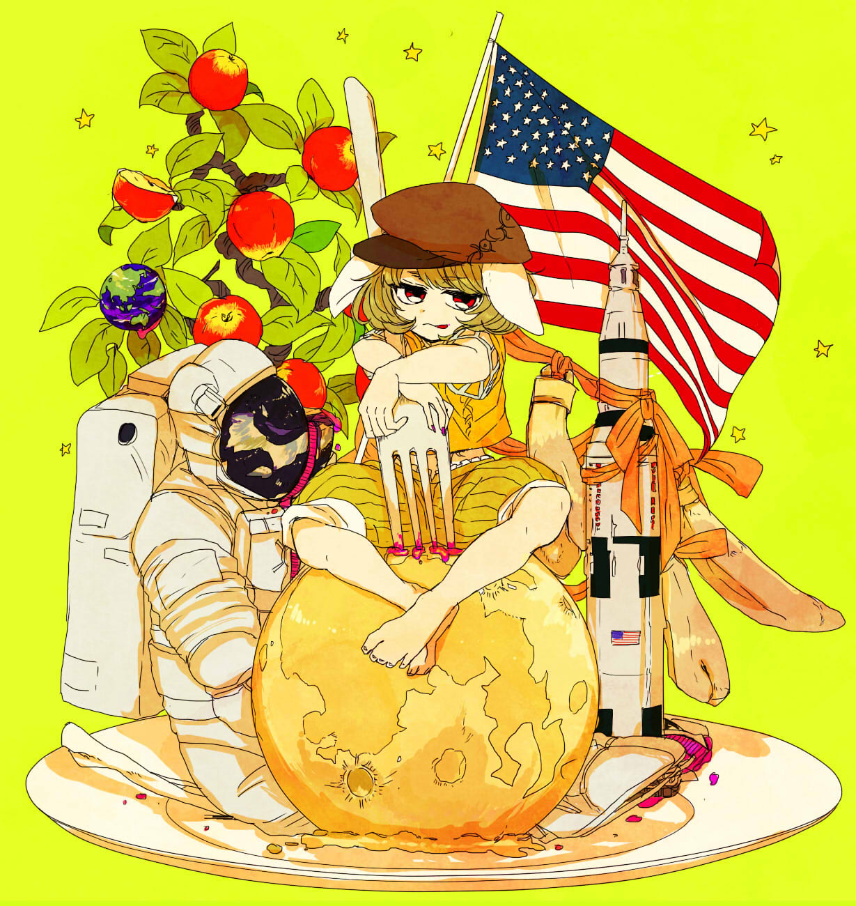 1girl american_flag animal_ears apple apple_tree barefoot blonde_hair brown_hat earth feet_together flag food fruit hat highres jpeg_artifacts knees_apart_feet_together looking_at_viewer moon nail_polish orange_shirt oversized_object pink_nails plate rabbit_ears red_eyes ribbon ringo_(touhou) rocket shimana_(cs-ts-az) shirt short_sleeves shorts sitting solo spacesuit star striped tongue tongue_out touhou tree vertical-striped_shorts vertical_stripes yellow_background yellow_shorts